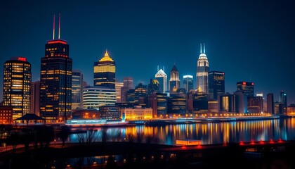 Obraz premium Nighttime Philadelphia skyline, skyscrapers reflecting in holographic forex chart, downtown, cityscape