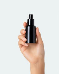 Amber bottle with pump dispenser mockup A hand holding a sleek black spray bottle against a soft, neutral background, symbolizing skincare, beauty, and personal care routines.