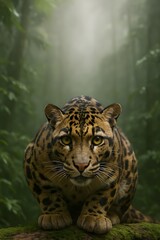 Naklejka premium Sunda clouded leopard crouched on mossy log in Bornean rainforest with fog and light rays, piercing gaze in centered photorealistic portrait
