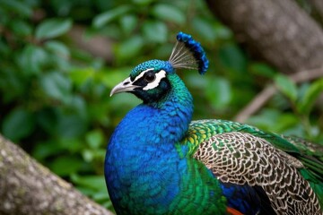 Obraz premium araffe with a blue tail and a green tail sitting on a tree branch