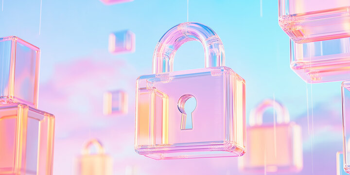 Cyber Defense Emblem: Stylized Lock with Data Streams on a Blue‑Pink Gradient Background