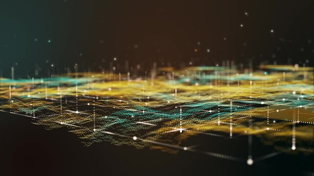 Abstract digital data landscape with glowing gold particles.