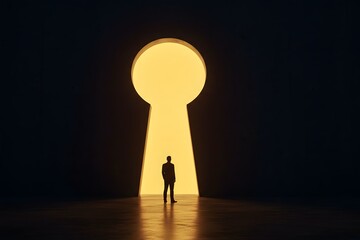 A silhouetted businessman stands before a large keyhole-shaped opening in a dark concrete wall, Person stands before a giant keyhole, symbolizing opportunity and discovery.