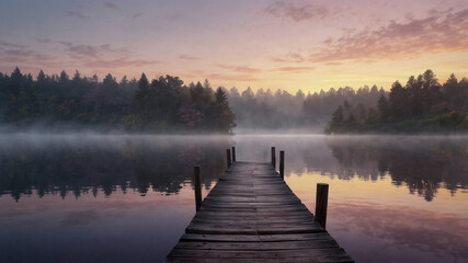 Soft hues of lavender, rose, and pale yellow blend together in the sky and its reflection. The air feels cool and damp. The edges of the trees are slightly blurred by the mist. 