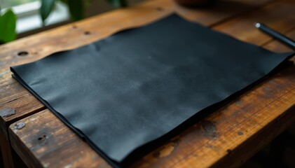 Dark black paper with subtle texture on rustic wooden table, flat lay, space