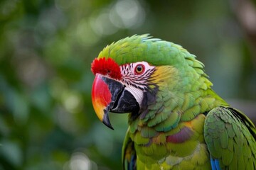 Fototapeta premium there is a green parrot with a red head and a yellow beak