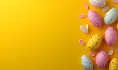 Easter celebration layout with bunny ears and vibrant eggs on bright yellow surface, featuring copy space for seasonal greeting or marketing use
