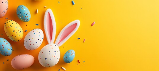 Top view vertical composition of colorful Easter eggs and bunny ears on yellow background with empty space, perfect for festive design or spring promotions
