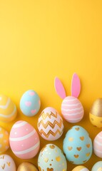 Fototapeta premium Easter celebration layout with bunny ears and vibrant eggs on bright yellow surface, featuring copy space for seasonal greeting or marketing use 