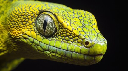 Obraz premium Close-up of a Green and Yellow Lizard's Head with a Large Eye