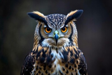 there is a close up of a owl with orange eyes