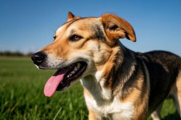 Obraz premium there is a dog that is standing in the grass with its tongue out