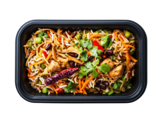 Healthy meal of fresh salad served in a clear plastic container ideal for on-the-go nutrition and convenience isolated on a white background.