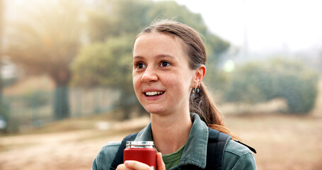 Hike, surprise and woman with bottle, outdoor and excited for vacation, trip and weekend break. Person, hiker and traveller with water, awe and nature with summer holiday, smile and fitness