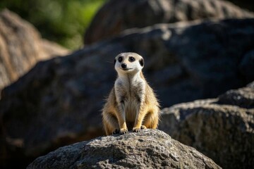 Fototapeta premium there is a small meerkat sitting on a rock in the sun
