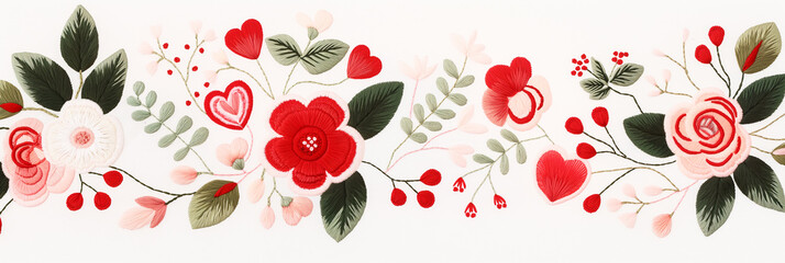 Romantic Embroidery: Red Hearts and Pink Flowers Framing a Clean Vertical Band