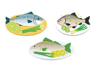 Fototapeta premium vector illustration of a chinese food Steamed Fish with Ginger and Scallions