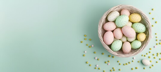 Festive Easter scene with colorful eggs and basket on green background, perfect for spring marketing, greeting cards, and seasonal promotions
