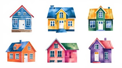 Fototapeta premium Collection of Colorful Watercolor Houses: A Delightful Visual of Six Charming Homes
