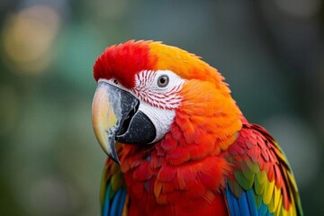 brightly colored parrot with a bright red head and yellow beak