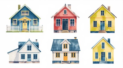 Charming Collection of Six Colorful Houses: A Watercolor Illustration