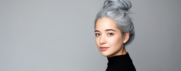 Beauty girl with long and shiny wavy Hair ,coloring and toning A young woman with stylish gray hair poses confidently against a neutral background, showcasing modern beauty and elegance.