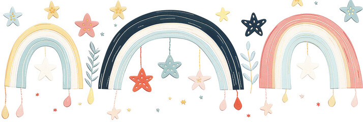 Dreamy Embroidery: Rainbows and Stars Framing a Clean Rectangular Blank Space