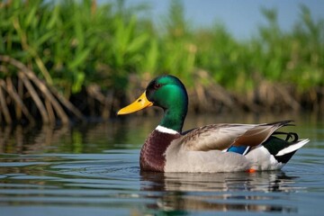 Fototapeta premium there is a duck that is swimming in the water