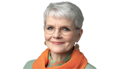 Portrait Of A Smiling Senior Woman With Glasses And Orange Scarf On Transparent Background