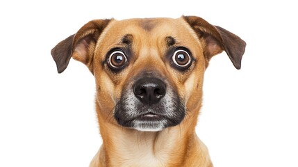 Obraz premium Closeup Portrait of a Scared Brown Dog with Wide Eyes Against a White Background