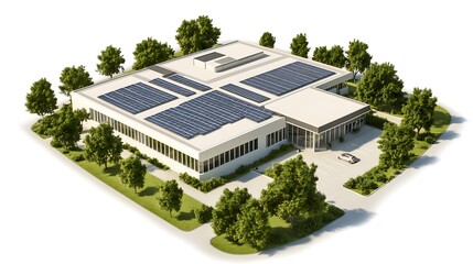 Isometric View of Modern Office Building with Rooftop Solar Panels
