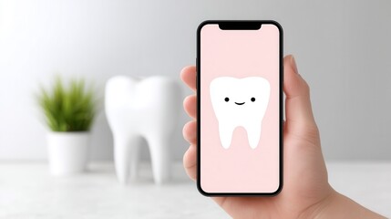 A hand holds a smartphone displaying a smiling tooth icon, with a large tooth sculpture and a plant in the background, creating a dental-themed atmosphere.