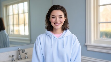 A cheerful young woman in a blue hoodie stands in a well-lit room with a mirror, exuding positivity and warmth.