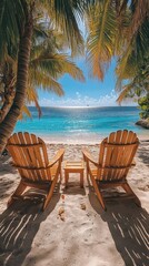 Beach chairs on a tropical beach, turquoise water, palm trees, sunny sky, idyllic scene