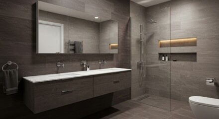 Modern bathroom interior design with neutral tones and luxurious fixtures