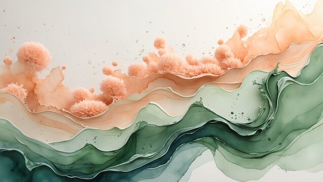 Ink wash painting style with flowing peach abstract background