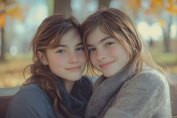 Obraz premium Close teenage sisters whispering to each other outdoors in fall, expressing friendship, confidentiality, and the warmth of a deep sibling relationship 