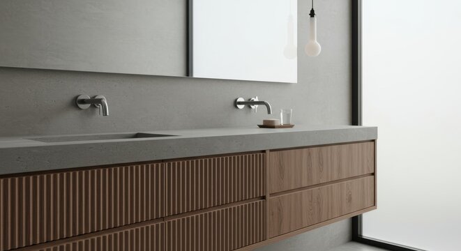 Modern bathroom interior design featuring vanity with wooden drawers