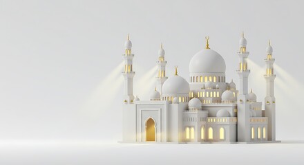 Obraz premium Serene 3D Rendering of a White and Golden Mosque Against a Clean Backdrop