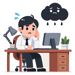 Stressed Office Worker At Desk With Cloud Icon Depicting Negative Feelings