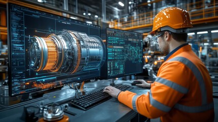 Engineer designs industrial machine part using computer aided software