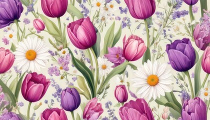Elegant Floral Pattern with Tulips and Daisies in Purple and Pink for Modern Style