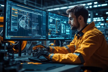Engineer intently works on complex schematics using dual monitors
