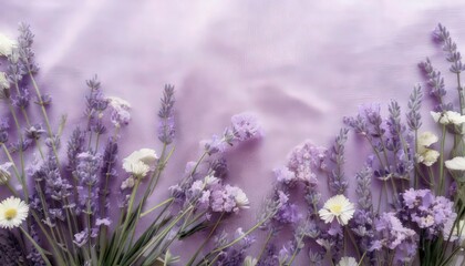 Obraz premium Delicate Wildflowers and Lavender Textile in Serene Mothers Day Composition