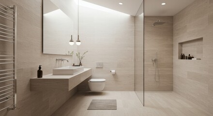 Modern bathroom interior with travertine walls and minimalist design