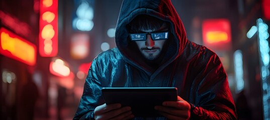 Obraz premium Cybercriminal with tablet and holographic red lock icon, visualizing data protection breach, digital threats, and advanced hacking in cybersecurity space 