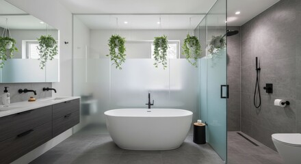 Modern bathroom showcases freestanding tub and luxurious shower area
