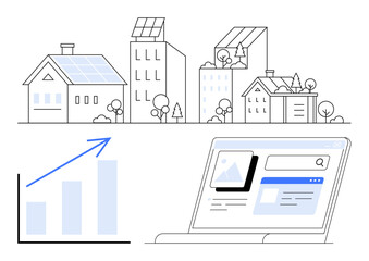 Fototapeta premium Solar-powered residential and commercial buildings, growth chart with arrow, laptop screen with digital interface. Ideal for renewable energy, urban planning, technology, sustainability, data trends
