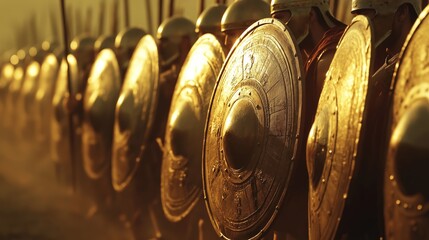 Ancient Soldiers with Engraved Bronze Shields Marching in Formation – Historic Battle Scene at Sunset with Dust and Dramatic Light