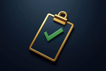 Golden clipboard with checkmark icon representing success, approval, and productivity. AI generated image.
